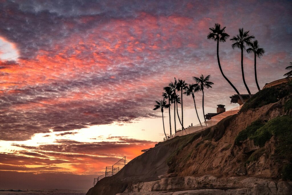 Sunset over the cliffs by the ocean in Carlsbad, California