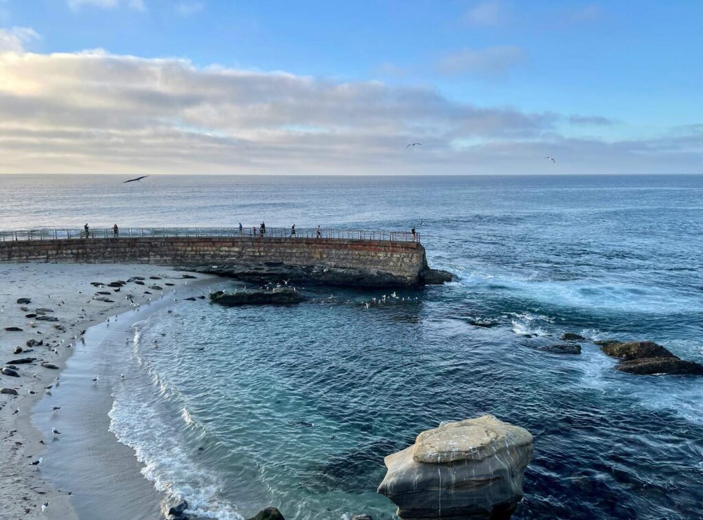 A serene view of the ocean with people walking along a pier and seagulls flying above the water.