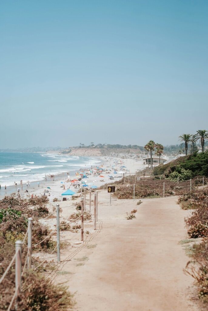 A scenic view of a sandy beach with people enjoying the sun and surf, surrounded by palm trees and bright blue skies.