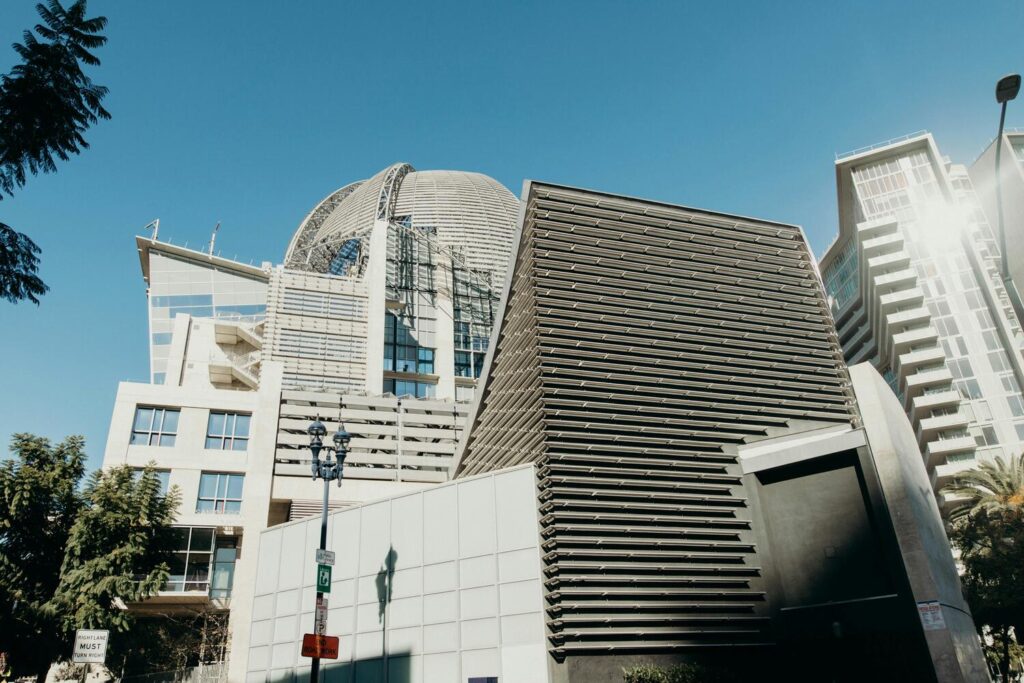 A modern architectural building with a dome structure in East Village, San Diego.
