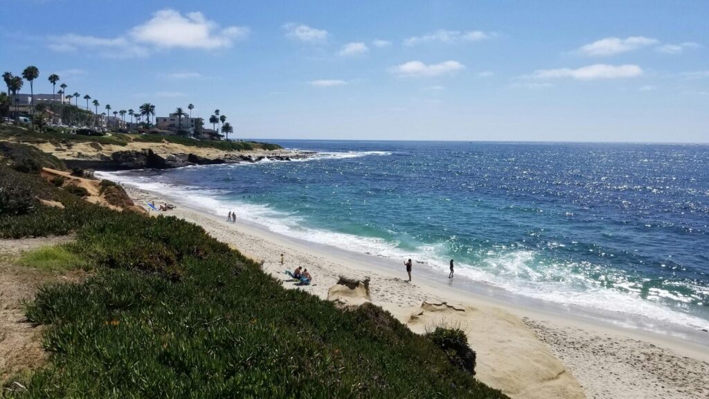 A sunny La Jolla beach with people walking and relaxing by the ocean.