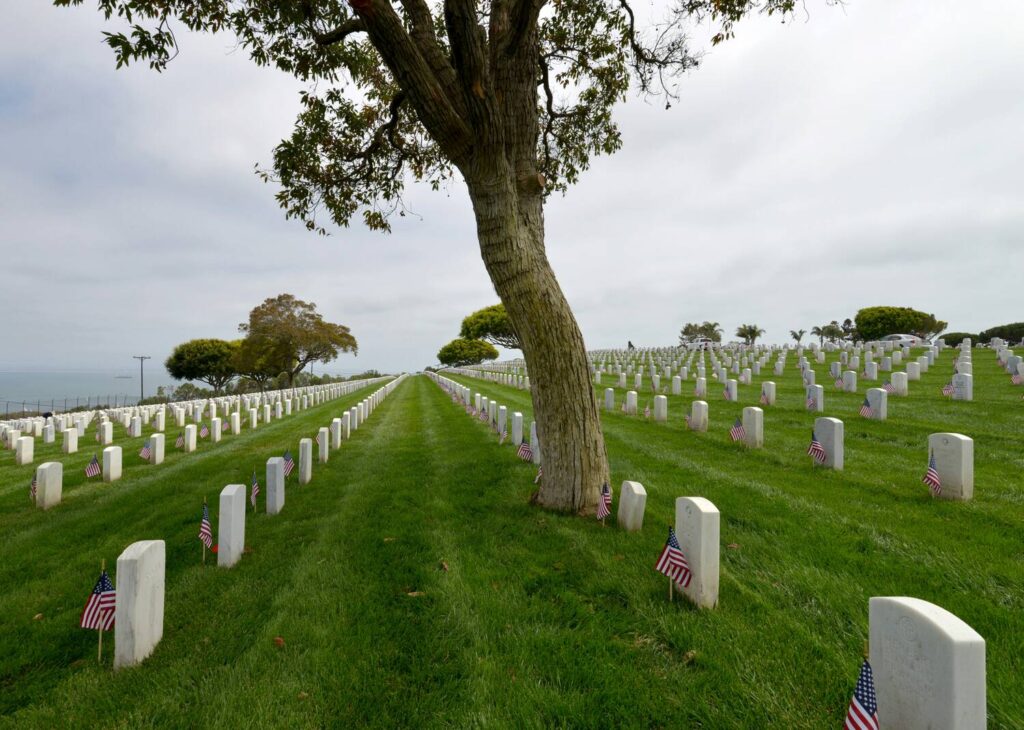 Rows of white headstones with American flags in a peaceful cemetery under a cloudy sky.
