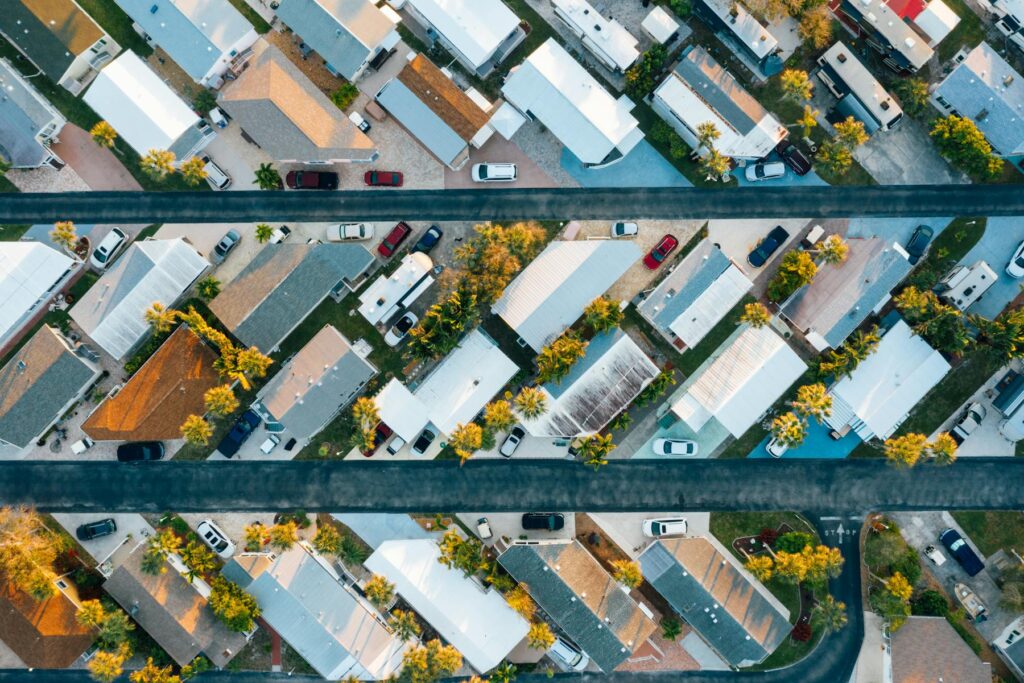 Aerial view of suburban homes and streets