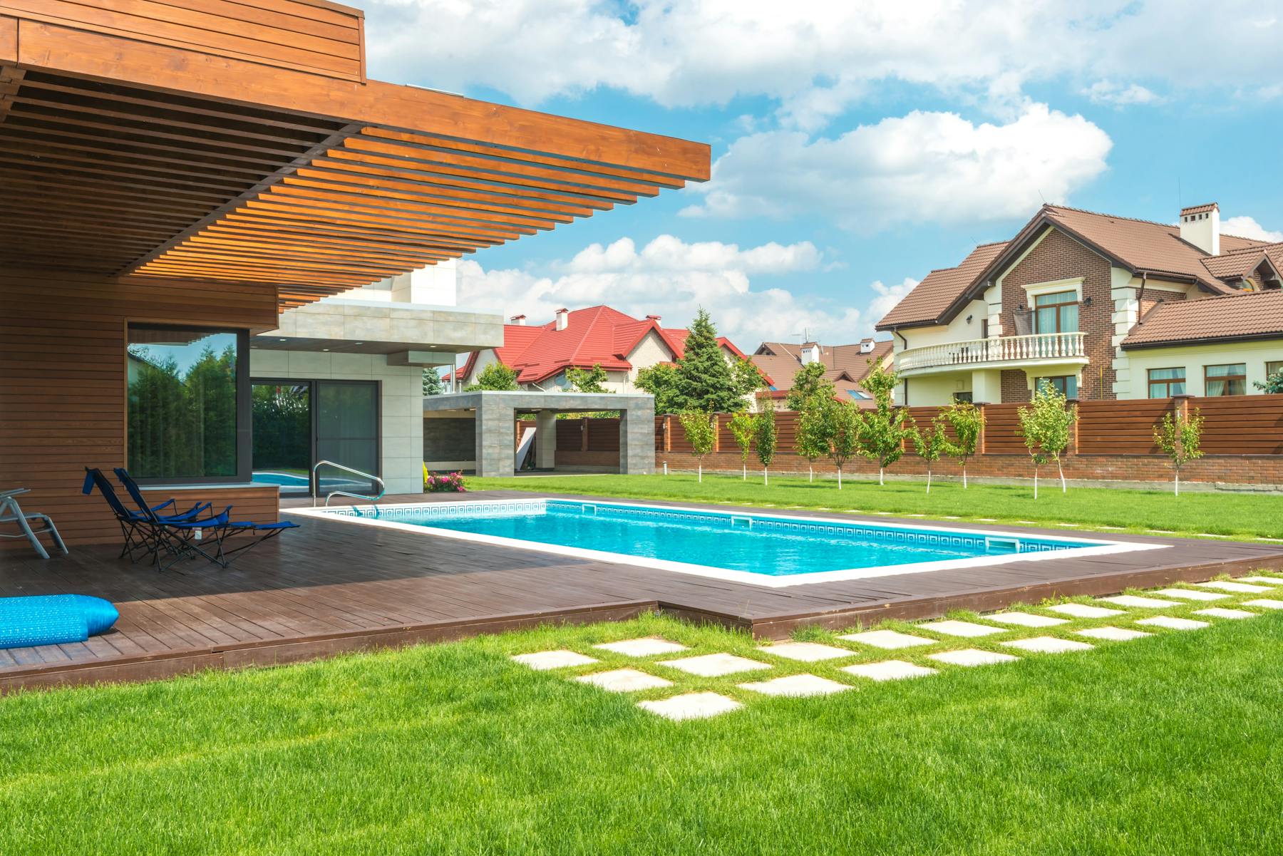 Modern backyard with swimming pool and lawn