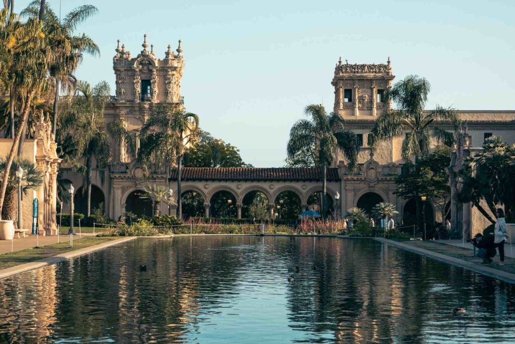 Balboa Park reflecting pool and historic buildings