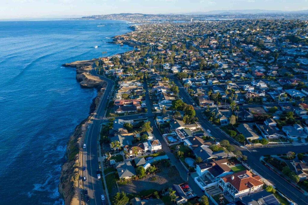 Aerial view of San Diego coastline and neighborhoods